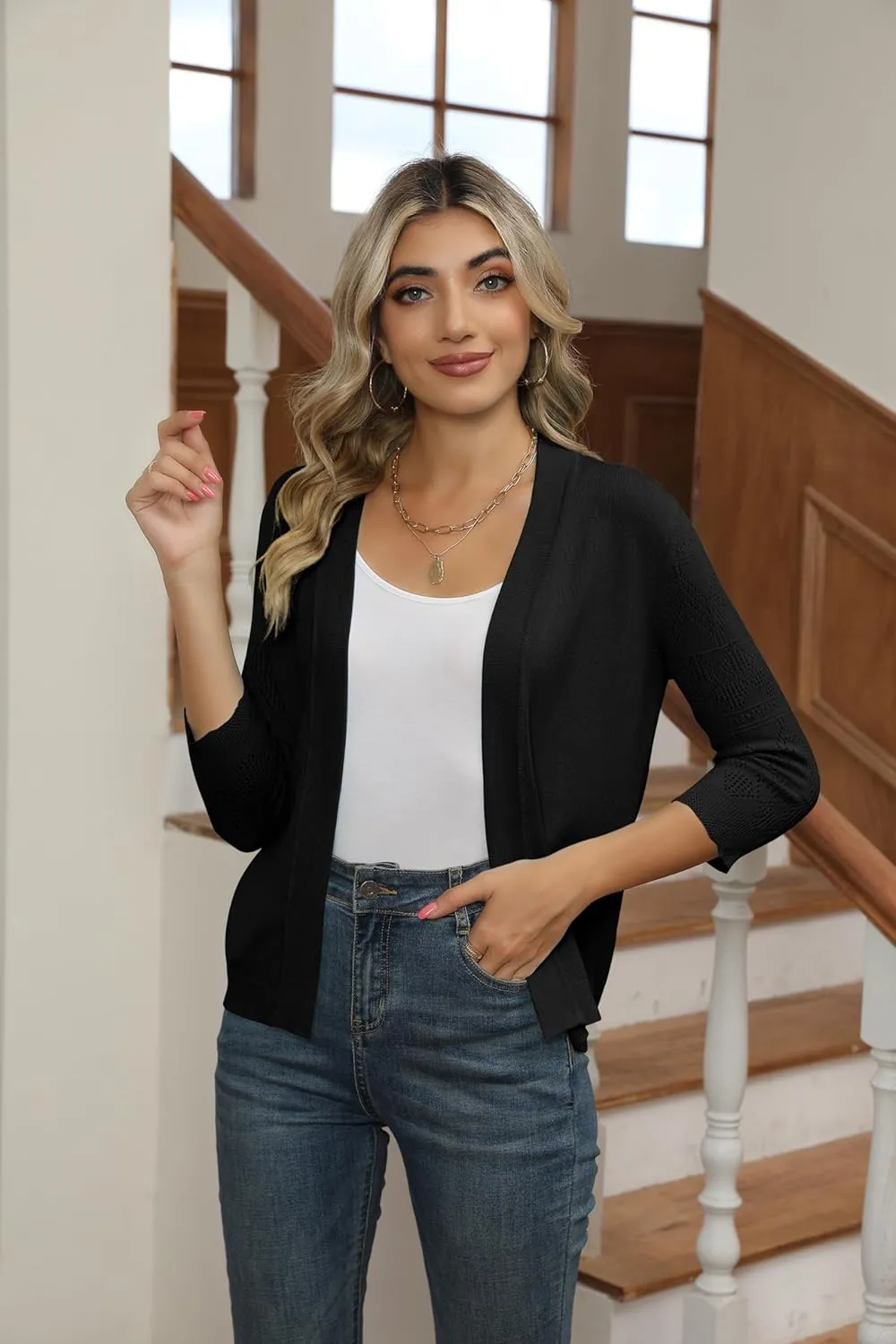 Women's Cropped Cardigans Shrugs for Dresses 3/4 Sleeve Lightweight Hollow Out Crochet Knit Sweater Tops