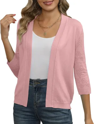 Women's Cropped Cardigans Shrugs for Dresses 3/4 Sleeve Lightweight Hollow Out Crochet Knit Sweater Tops