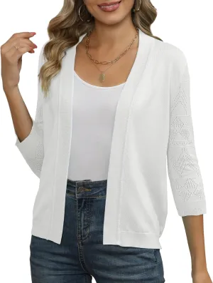 Women's Cropped Cardigans Shrugs for Dresses 3/4 Sleeve Lightweight Hollow Out Crochet Knit Sweater Tops