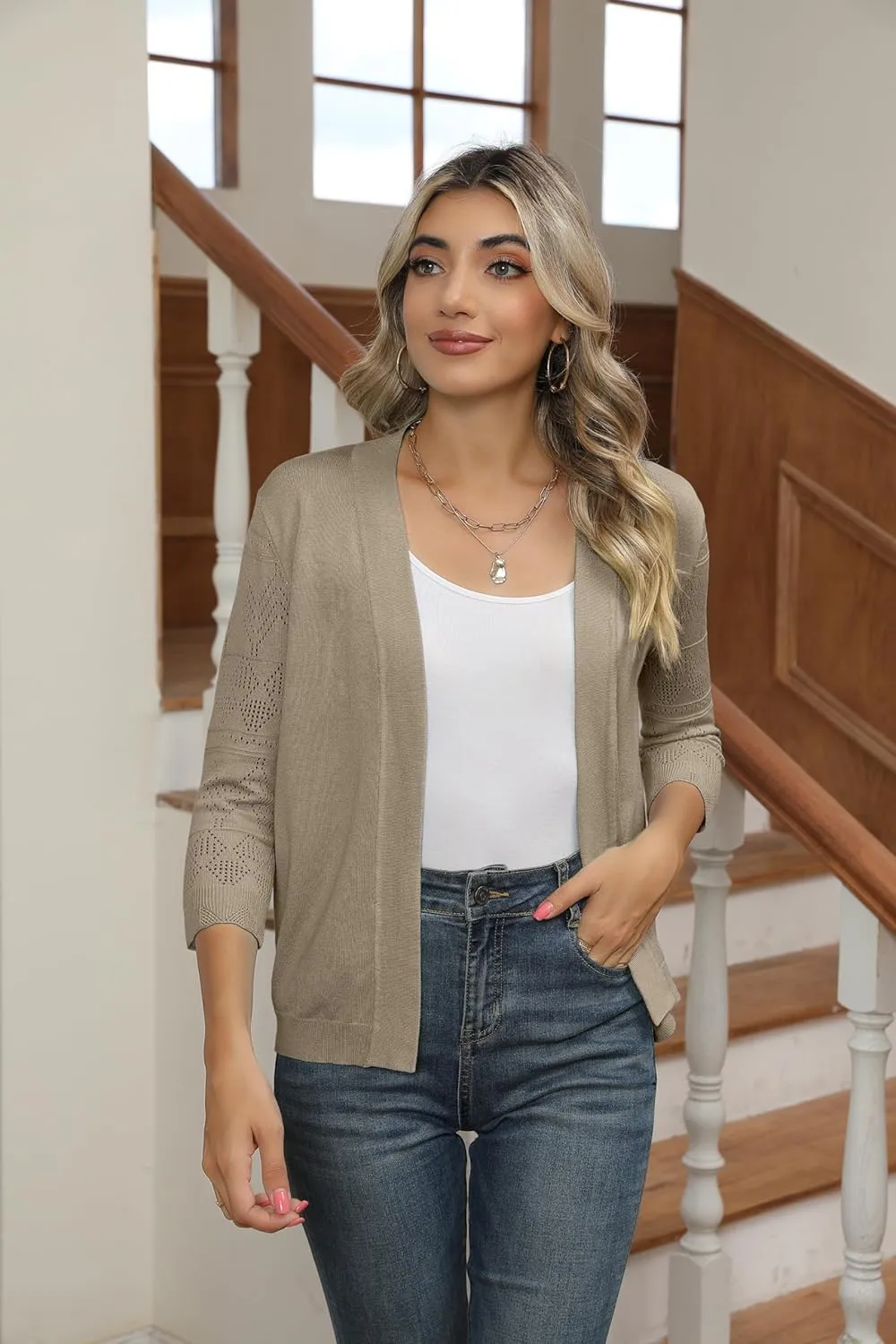 Women's Cropped Cardigans Shrugs for Dresses 3/4 Sleeve Lightweight Hollow Out Crochet Knit Sweater Tops