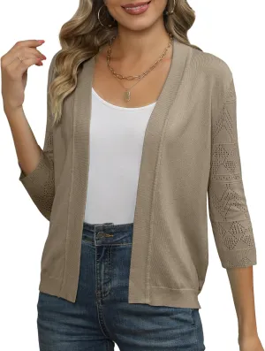 Women's Cropped Cardigans Shrugs for Dresses 3/4 Sleeve Lightweight Hollow Out Crochet Knit Sweater Tops