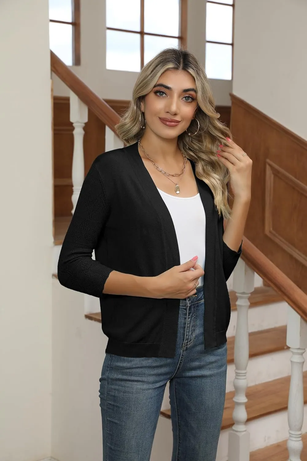 Women's Cropped Cardigans Shrugs for Dresses 3/4 Sleeve Lightweight Hollow Out Crochet Knit Sweater Tops