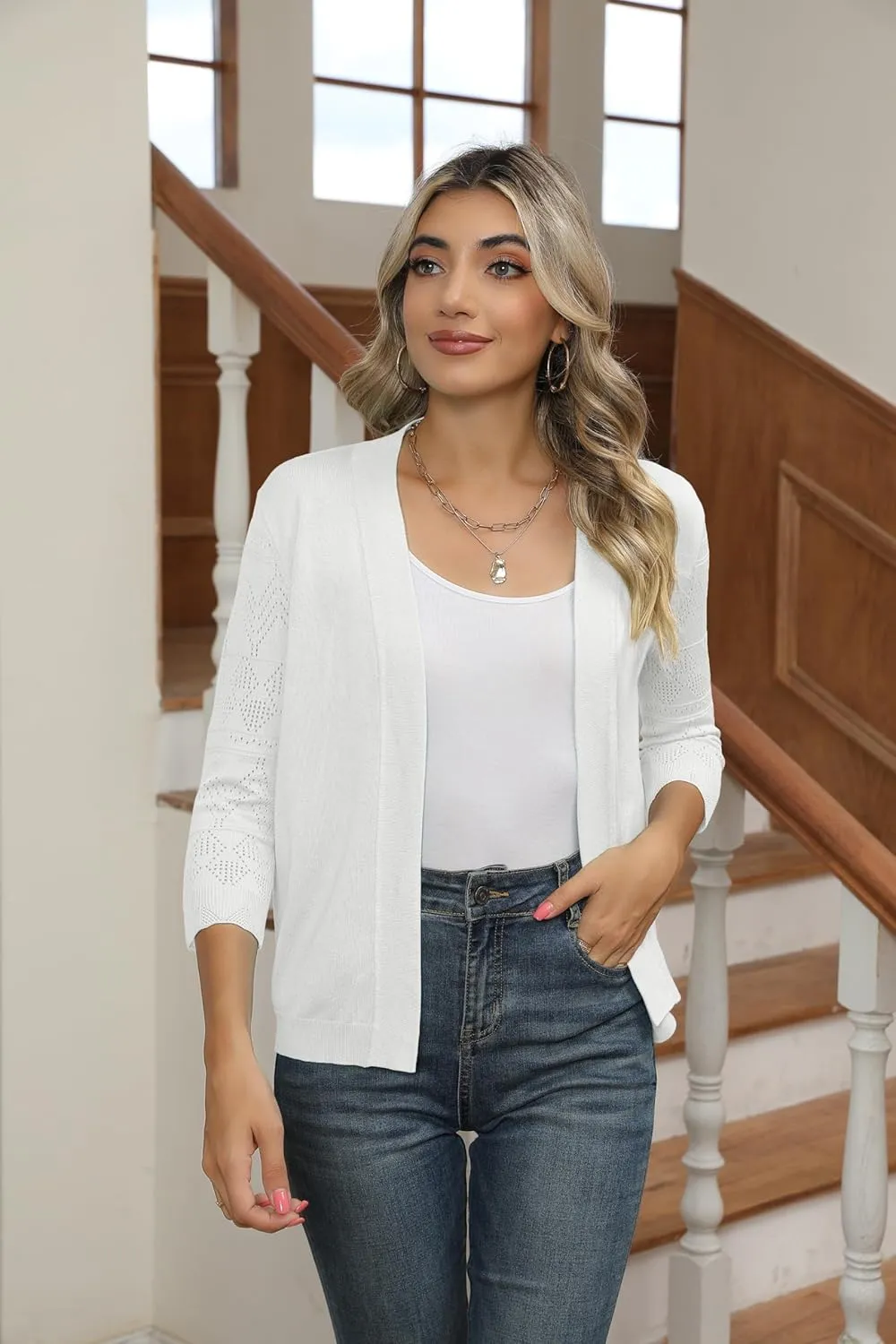 Women's Cropped Cardigans Shrugs for Dresses 3/4 Sleeve Lightweight Hollow Out Crochet Knit Sweater Tops