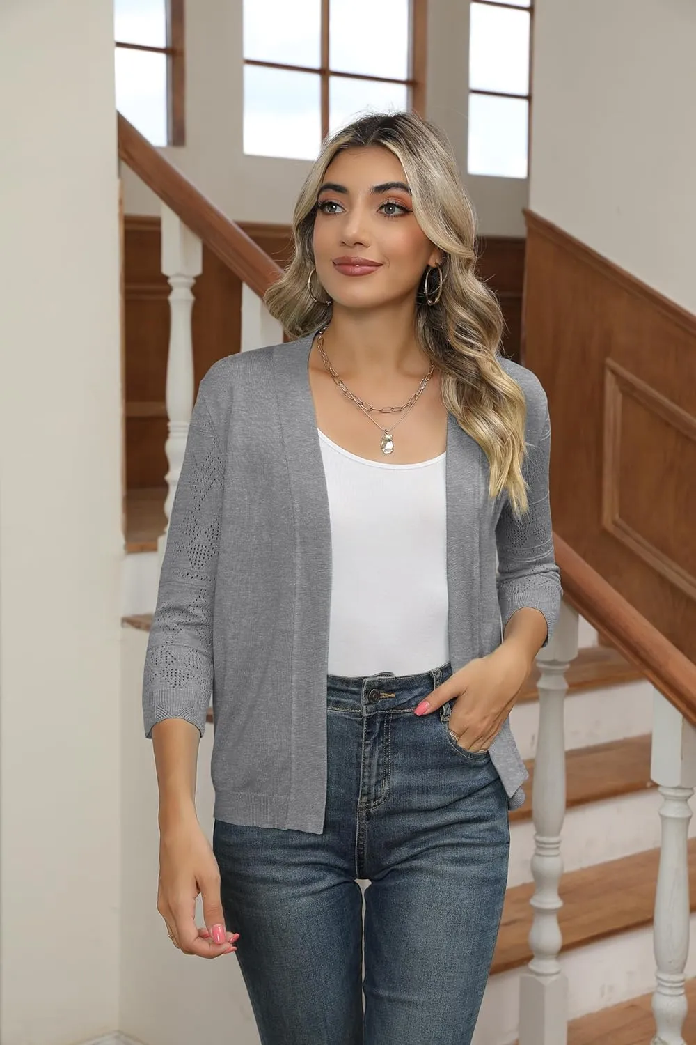 Women's Cropped Cardigans Shrugs for Dresses 3/4 Sleeve Lightweight Hollow Out Crochet Knit Sweater Tops