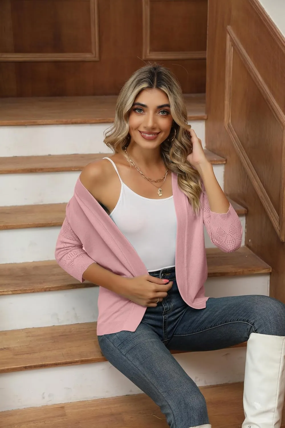 Women's Cropped Cardigans Shrugs for Dresses 3/4 Sleeve Lightweight Hollow Out Crochet Knit Sweater Tops