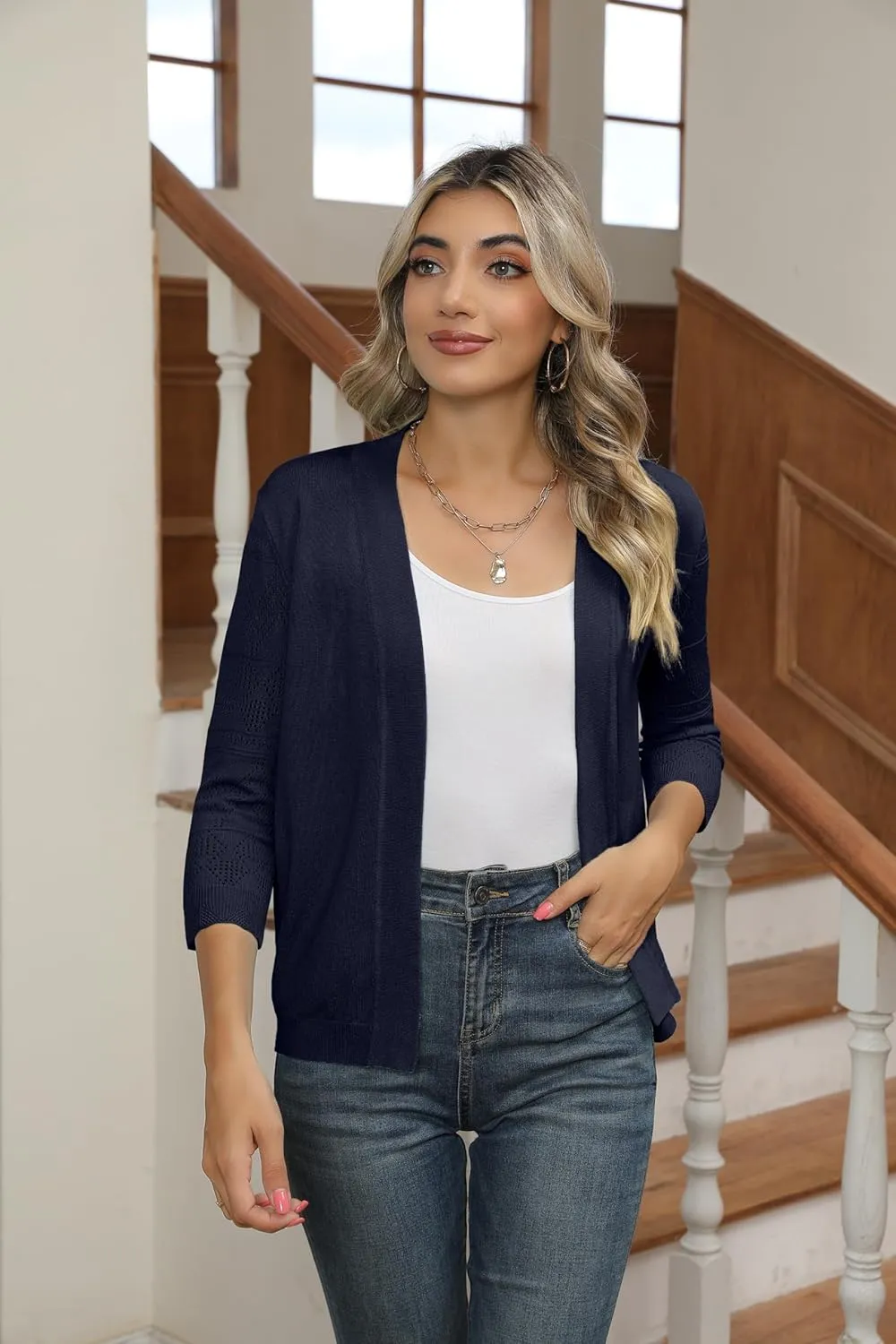 Women's Cropped Cardigans Shrugs for Dresses 3/4 Sleeve Lightweight Hollow Out Crochet Knit Sweater Tops