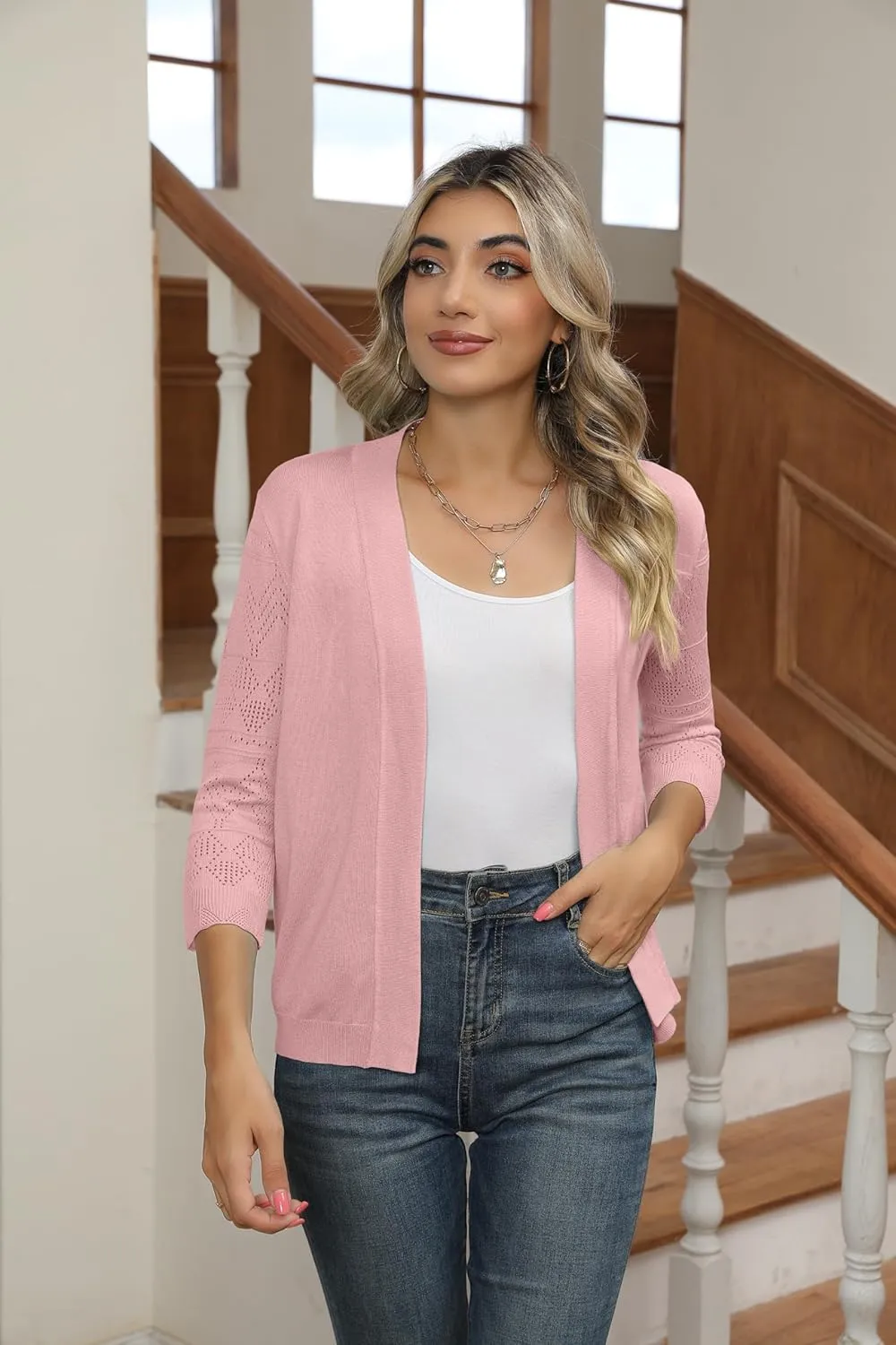 Women's Cropped Cardigans Shrugs for Dresses 3/4 Sleeve Lightweight Hollow Out Crochet Knit Sweater Tops