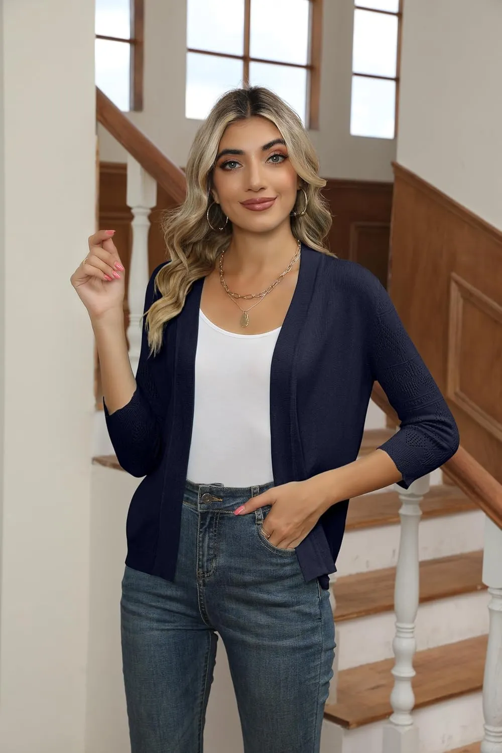 Women's Cropped Cardigans Shrugs for Dresses 3/4 Sleeve Lightweight Hollow Out Crochet Knit Sweater Tops