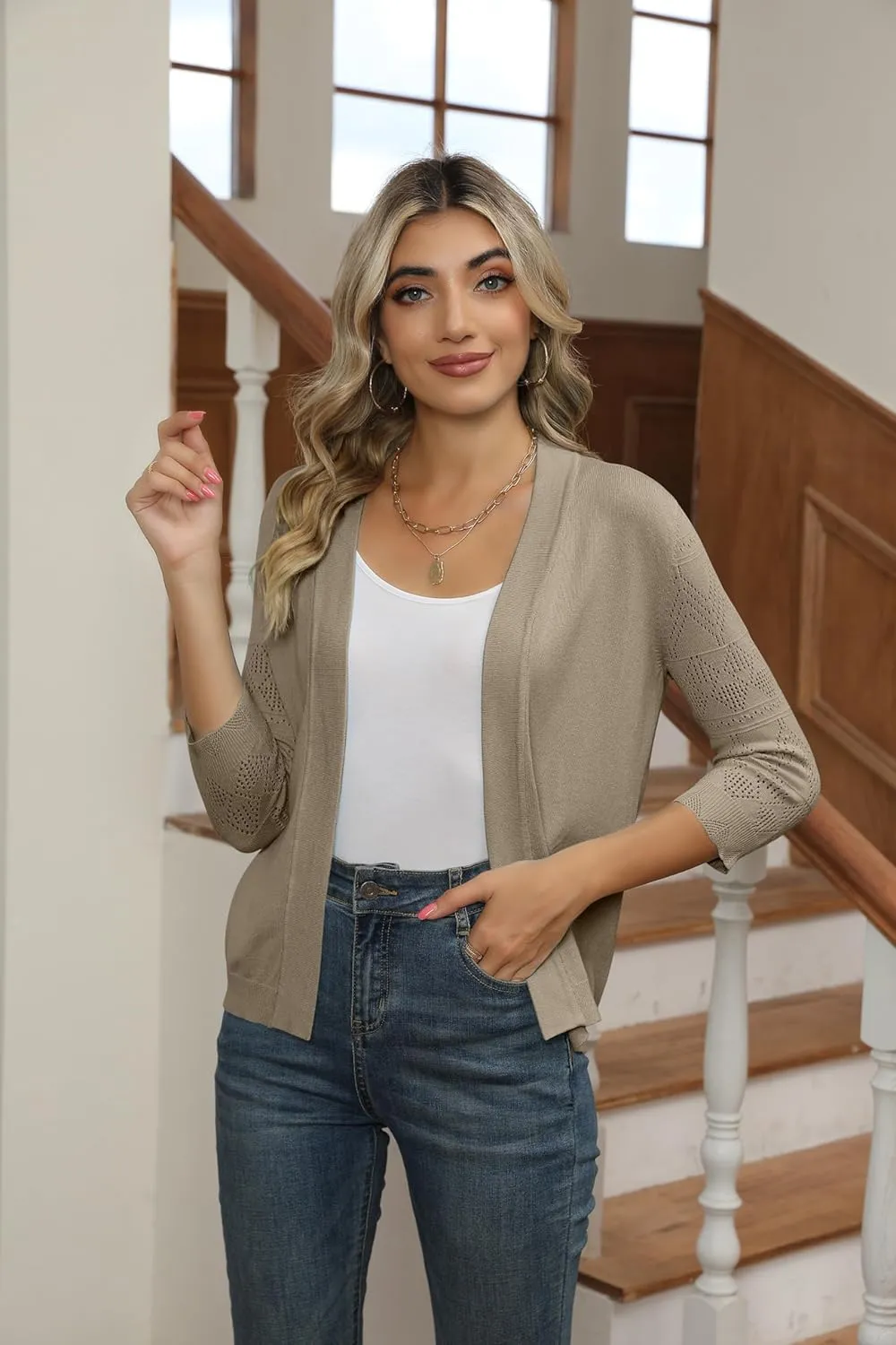 Women's Cropped Cardigans Shrugs for Dresses 3/4 Sleeve Lightweight Hollow Out Crochet Knit Sweater Tops