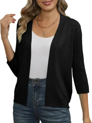 Women's Cropped Cardigans Shrugs for Dresses 3/4 Sleeve Lightweight Hollow Out Crochet Knit Sweater Tops