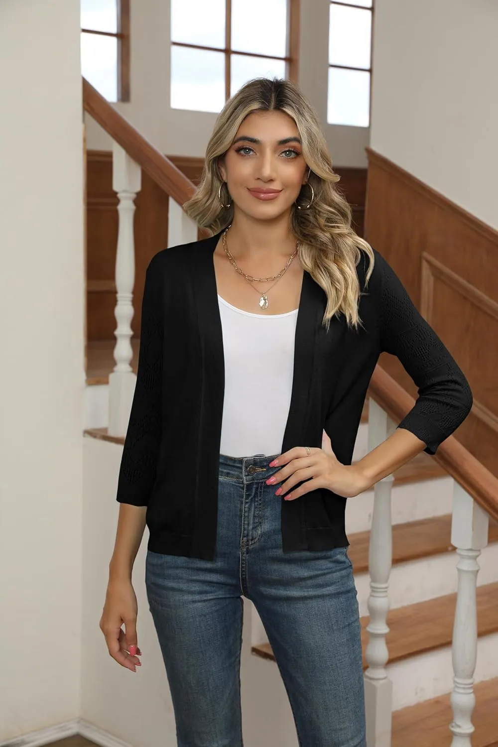 Women's Cropped Cardigans Shrugs for Dresses 3/4 Sleeve Lightweight Hollow Out Crochet Knit Sweater Tops