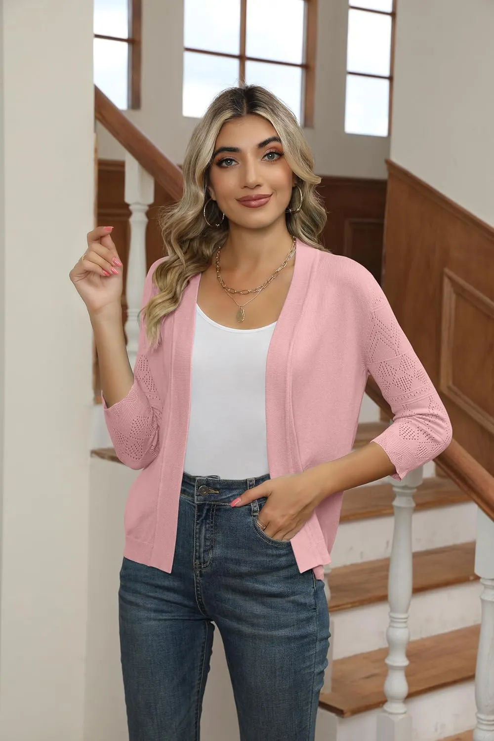 Women's Cropped Cardigans Shrugs for Dresses 3/4 Sleeve Lightweight Hollow Out Crochet Knit Sweater Tops