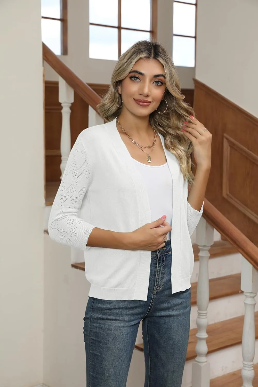 Women's Cropped Cardigans Shrugs for Dresses 3/4 Sleeve Lightweight Hollow Out Crochet Knit Sweater Tops
