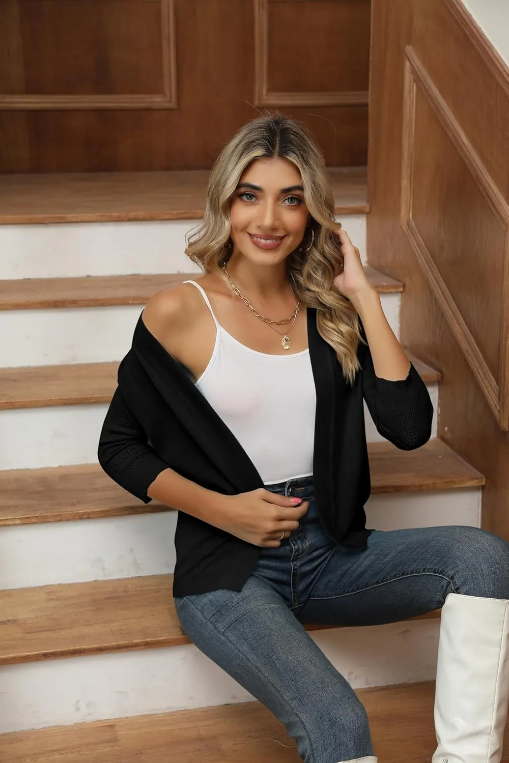 Women's Cropped Cardigans Shrugs for Dresses 3/4 Sleeve Lightweight Hollow Out Crochet Knit Sweater Tops