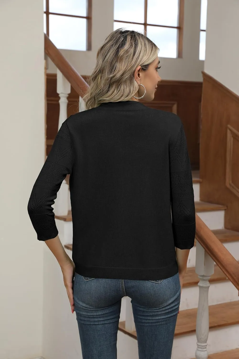 Women's Cropped Cardigans Shrugs for Dresses 3/4 Sleeve Lightweight Hollow Out Crochet Knit Sweater Tops
