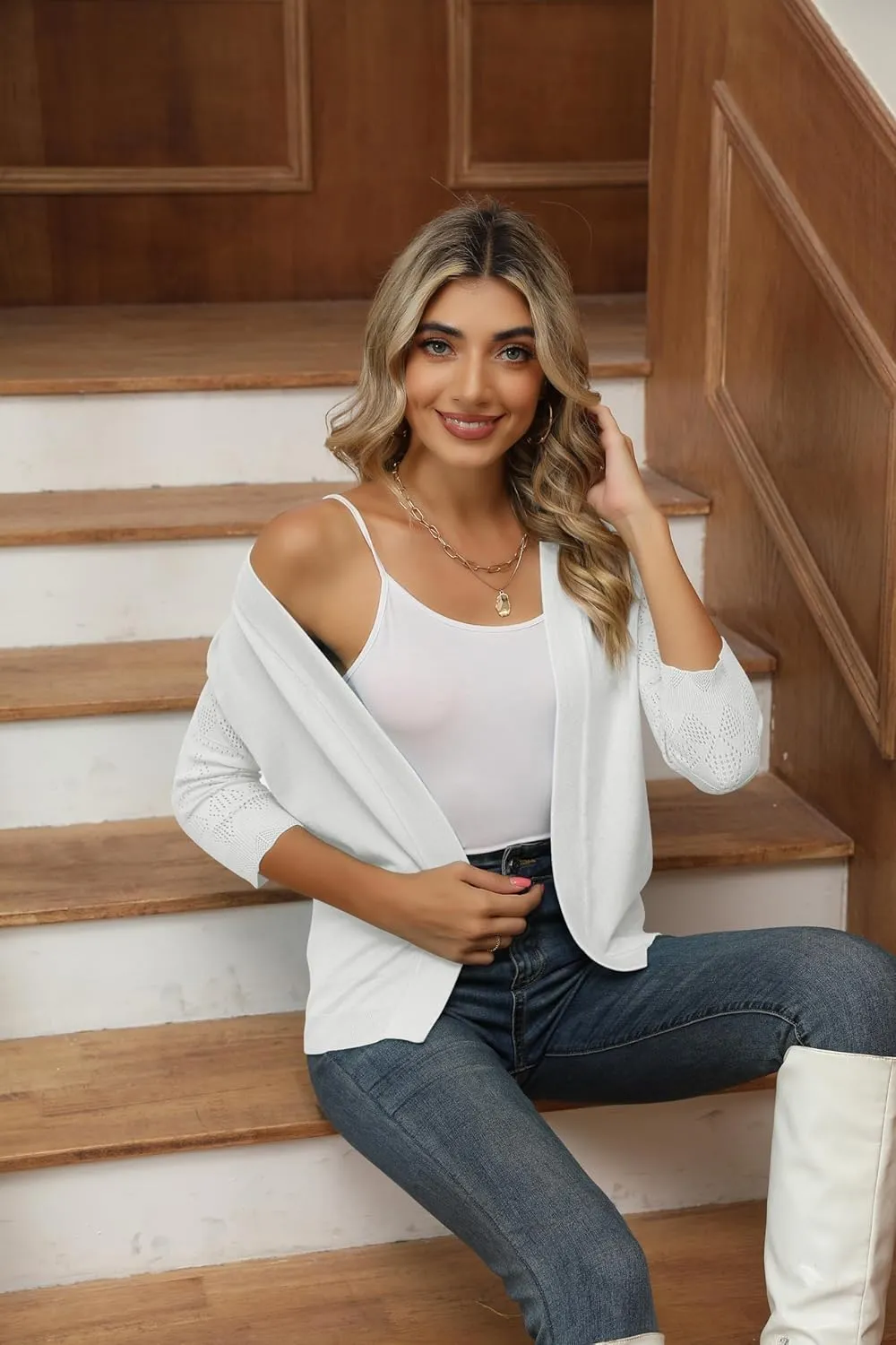 Women's Cropped Cardigans Shrugs for Dresses 3/4 Sleeve Lightweight Hollow Out Crochet Knit Sweater Tops