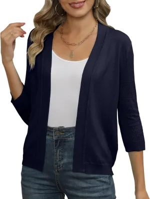 Women's Cropped Cardigans Shrugs for Dresses 3/4 Sleeve Lightweight Hollow Out Crochet Knit Sweater Tops