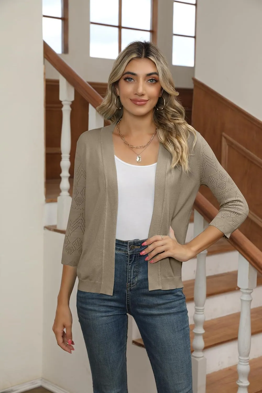 Women's Cropped Cardigans Shrugs for Dresses 3/4 Sleeve Lightweight Hollow Out Crochet Knit Sweater Tops