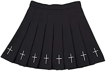 Womens Cross Print Pleated Skirt Black Goth Punk Skirts with Belt and Chain A-Line Mini Skirt