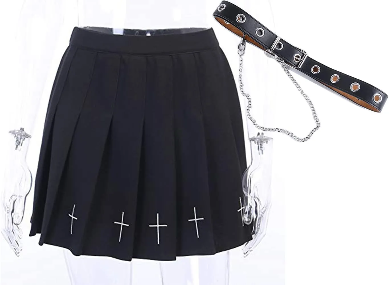 Womens Cross Print Pleated Skirt Black Goth Punk Skirts with Belt and Chain A-Line Mini Skirt