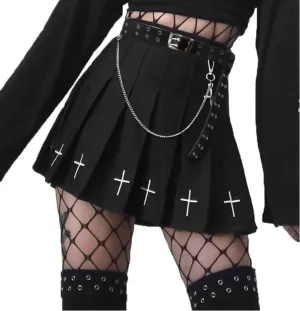 Womens Cross Print Pleated Skirt Black Goth Punk Skirts with Belt and Chain A-Line Mini Skirt