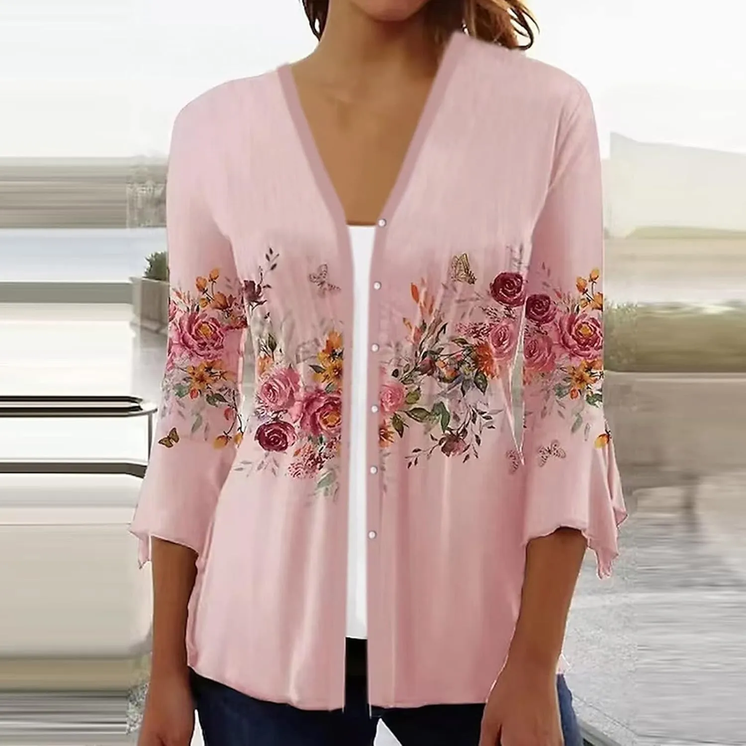 Women's Floral Print Bell 3/4 Sleeve Cardigan Lightweight Open Front Button Down Cover Up Casual Blouse Tops