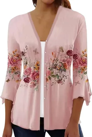 Women's Floral Print Bell 3/4 Sleeve Cardigan Lightweight Open Front Button Down Cover Up Casual Blouse Tops