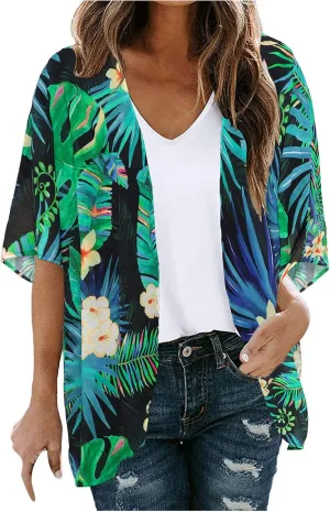 Women's Floral Print Puff Sleeve Kimono Cardigan Loose Cover Ups Casual Tops 2025 Trendy Lightweight Resort Wear