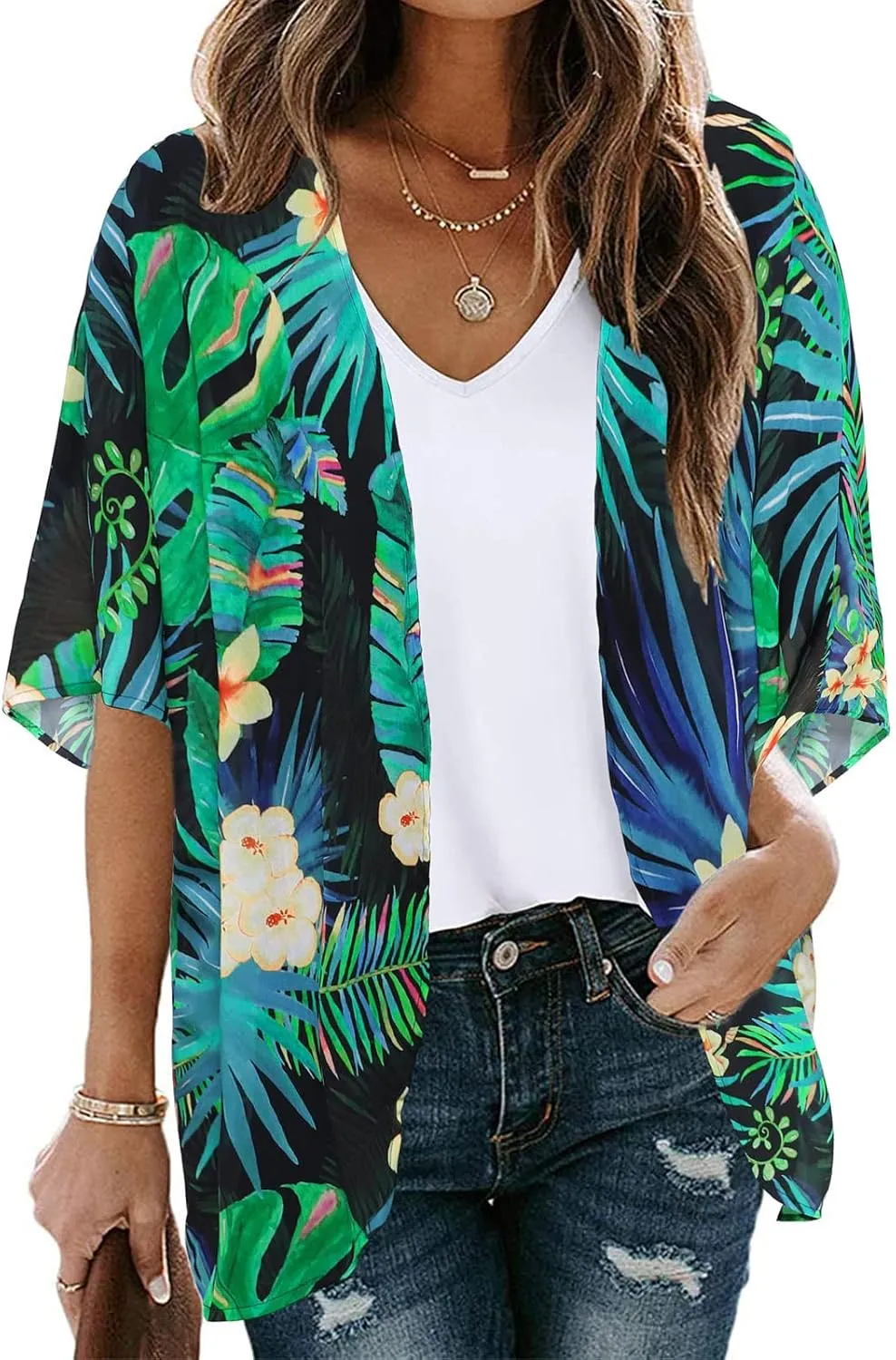 Women's Floral Print Puff Sleeve Kimono Cardigan Loose Cover Ups Casual Tops 2025 Trendy Lightweight Resort Wear