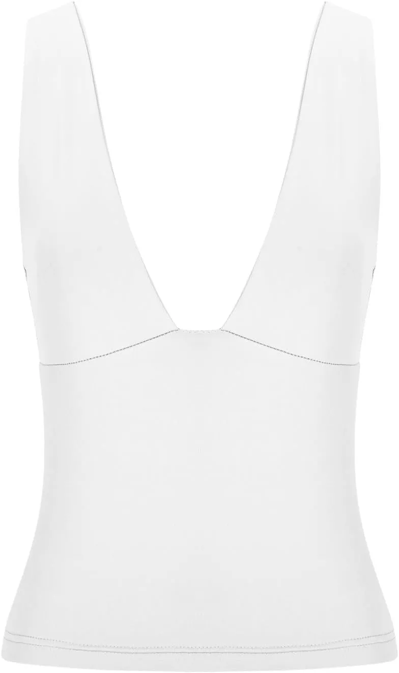Women's Going Out Tops Plunge Deep V Neck Padded Tank Top Sexy Backless Crop Top Trendy Double Lined Camisole Summer
