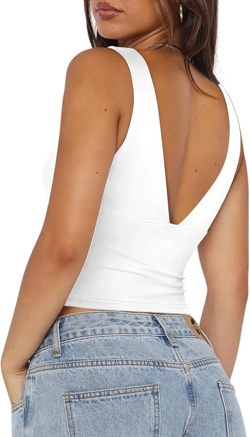 Women's Going Out Tops Plunge Deep V Neck Padded Tank Top Sexy Backless Crop Top Trendy Double Lined Camisole Summer