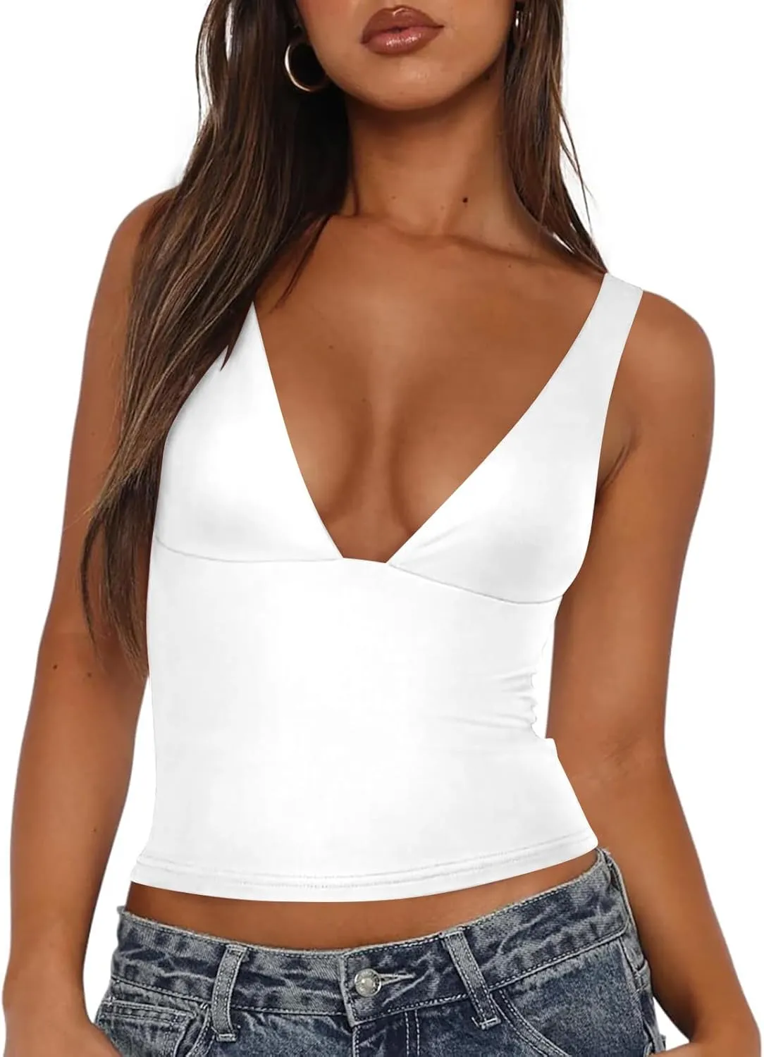 Women's Going Out Tops Plunge Deep V Neck Padded Tank Top Sexy Backless Crop Top Trendy Double Lined Camisole Summer