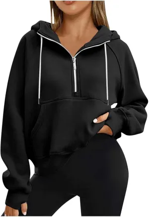 Womens Half Zip Up Hoodies Trendy Cropped Long Sleeve Loose Hooded Pullover Sweatshirt Fall y2k Outfits Clothes