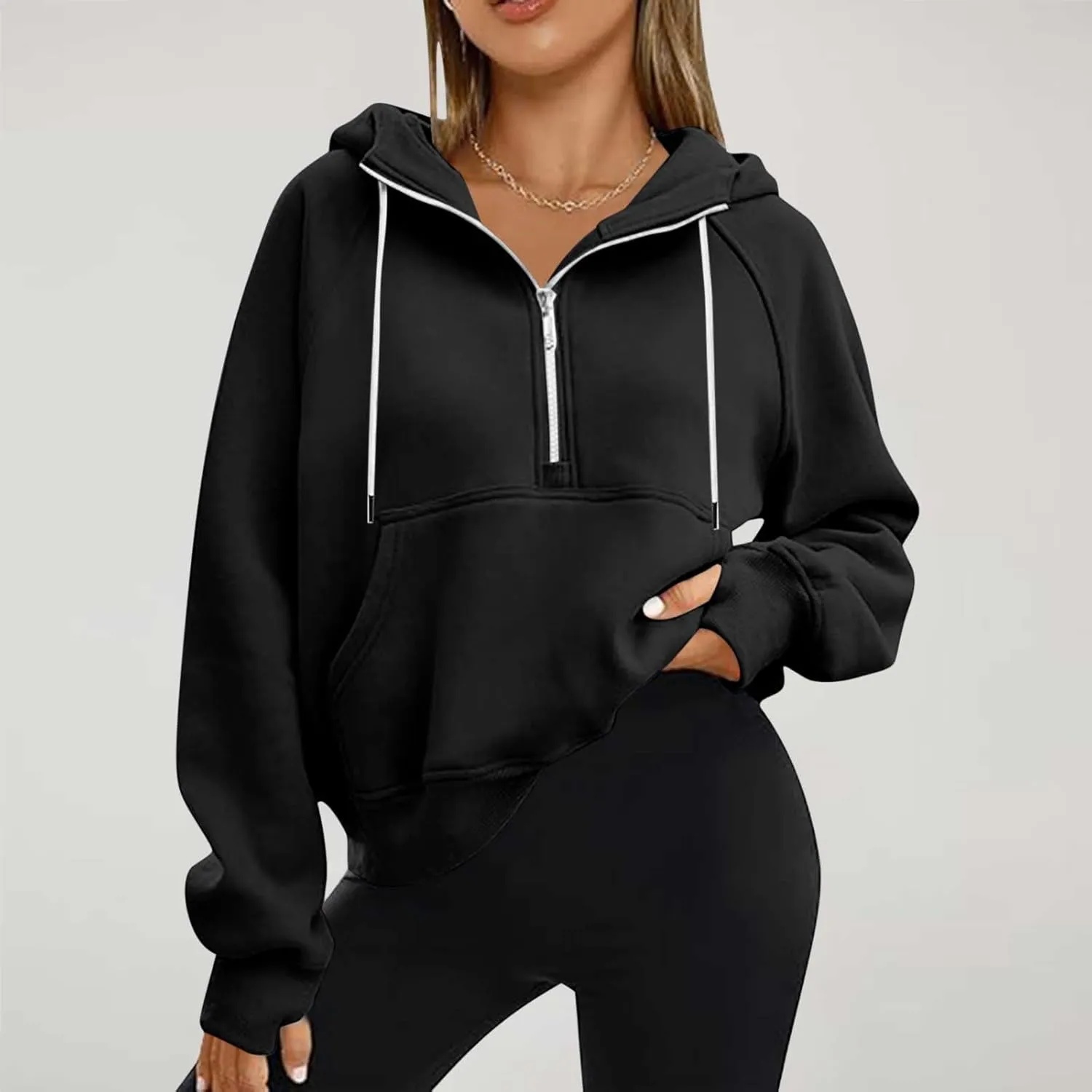 Womens Half Zip Up Hoodies Trendy Cropped Long Sleeve Loose Hooded Pullover Sweatshirt Fall y2k Outfits Clothes