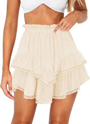 Women's High Waist Ruffle Mini Skirt Lace Trim Flowy Boho Skorts for Women Flared Tiered Golf Tennis Athletic Skirts