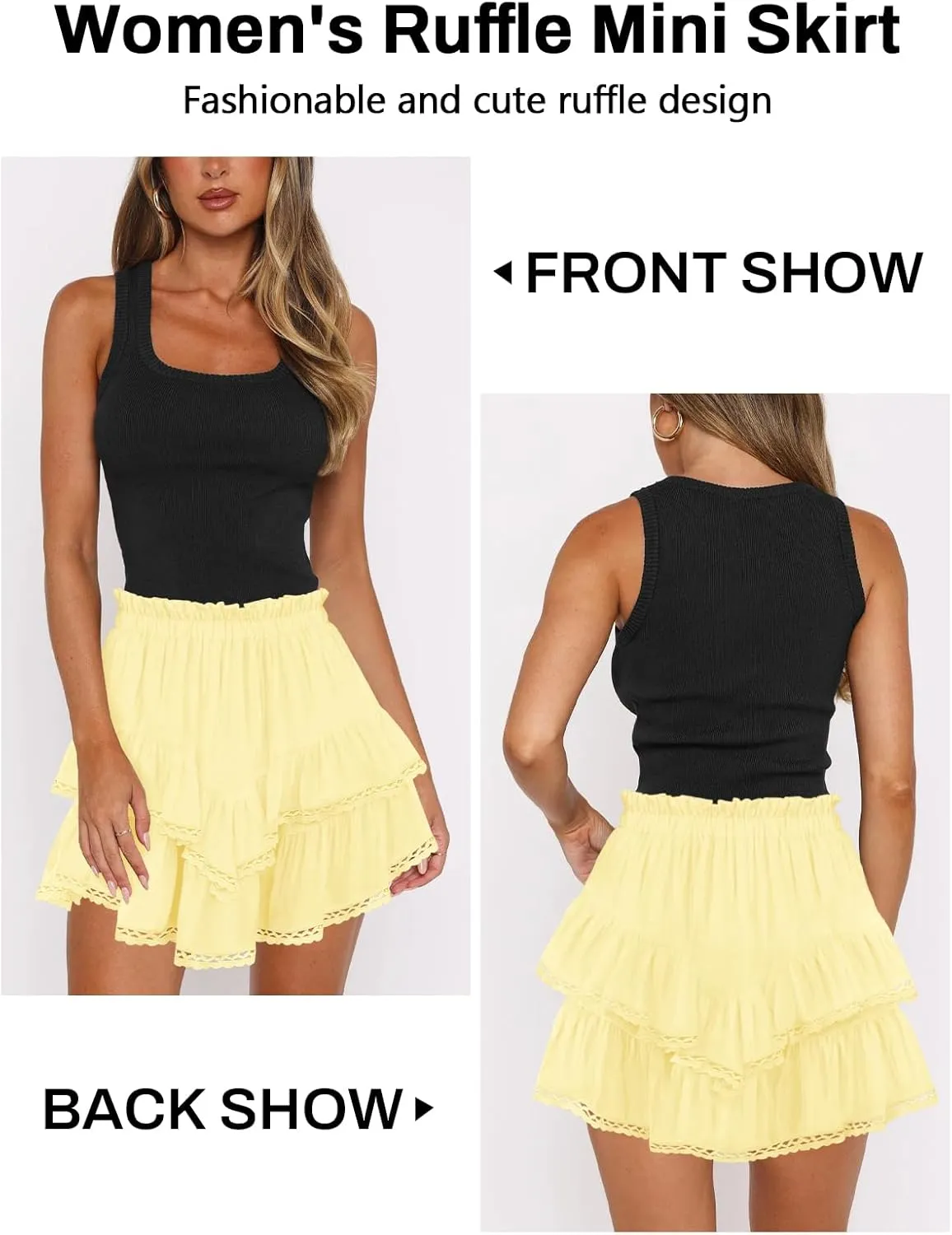 Women's High Waist Ruffle Mini Skirt Lace Trim Flowy Boho Skorts for Women Flared Tiered Golf Tennis Athletic Skirts