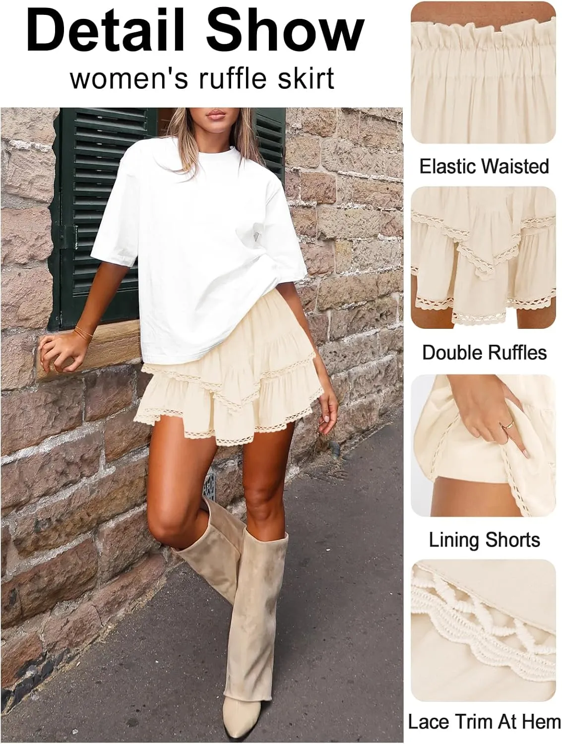 Women's High Waist Ruffle Mini Skirt Lace Trim Flowy Boho Skorts for Women Flared Tiered Golf Tennis Athletic Skirts