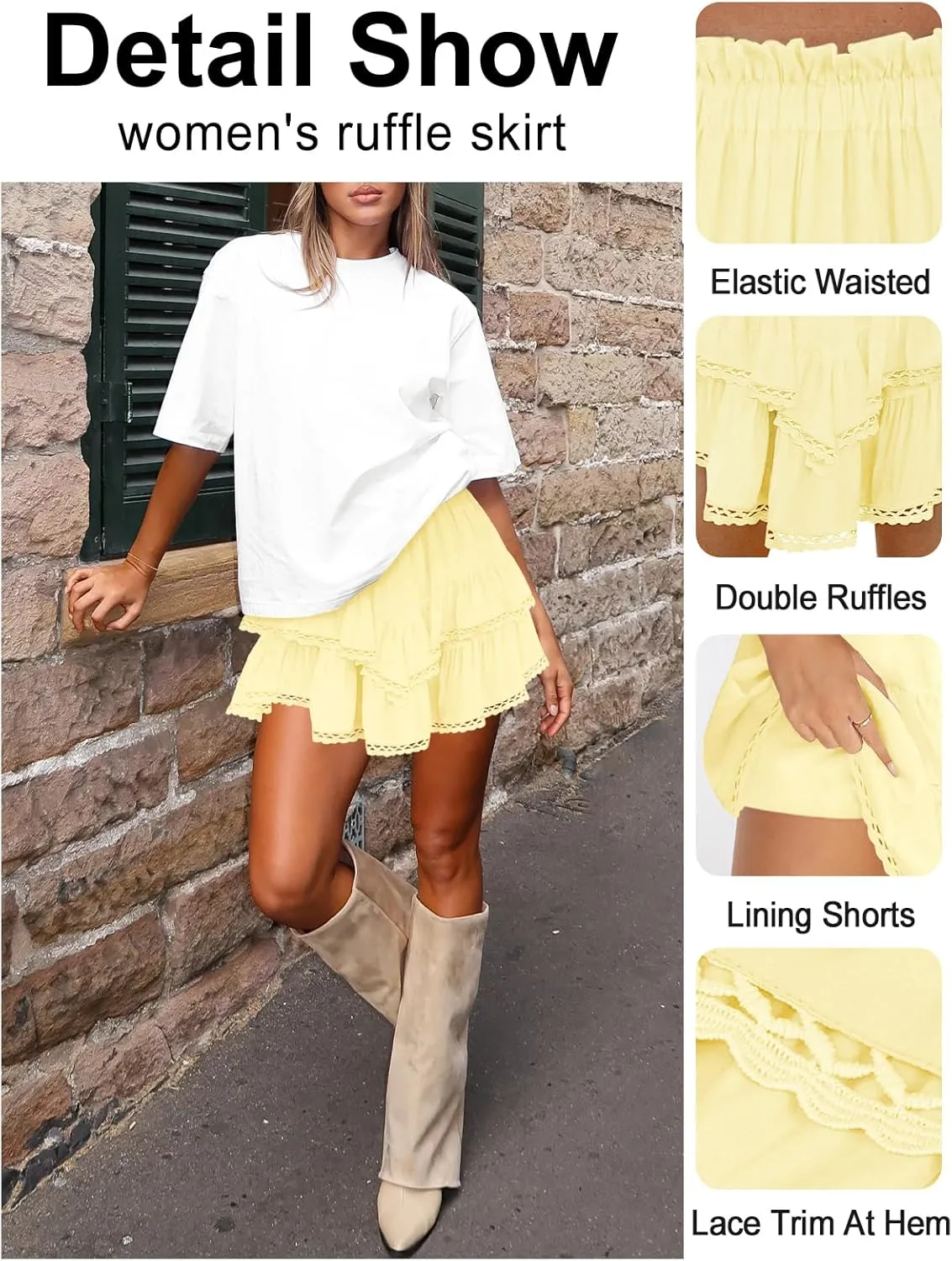 Women's High Waist Ruffle Mini Skirt Lace Trim Flowy Boho Skorts for Women Flared Tiered Golf Tennis Athletic Skirts