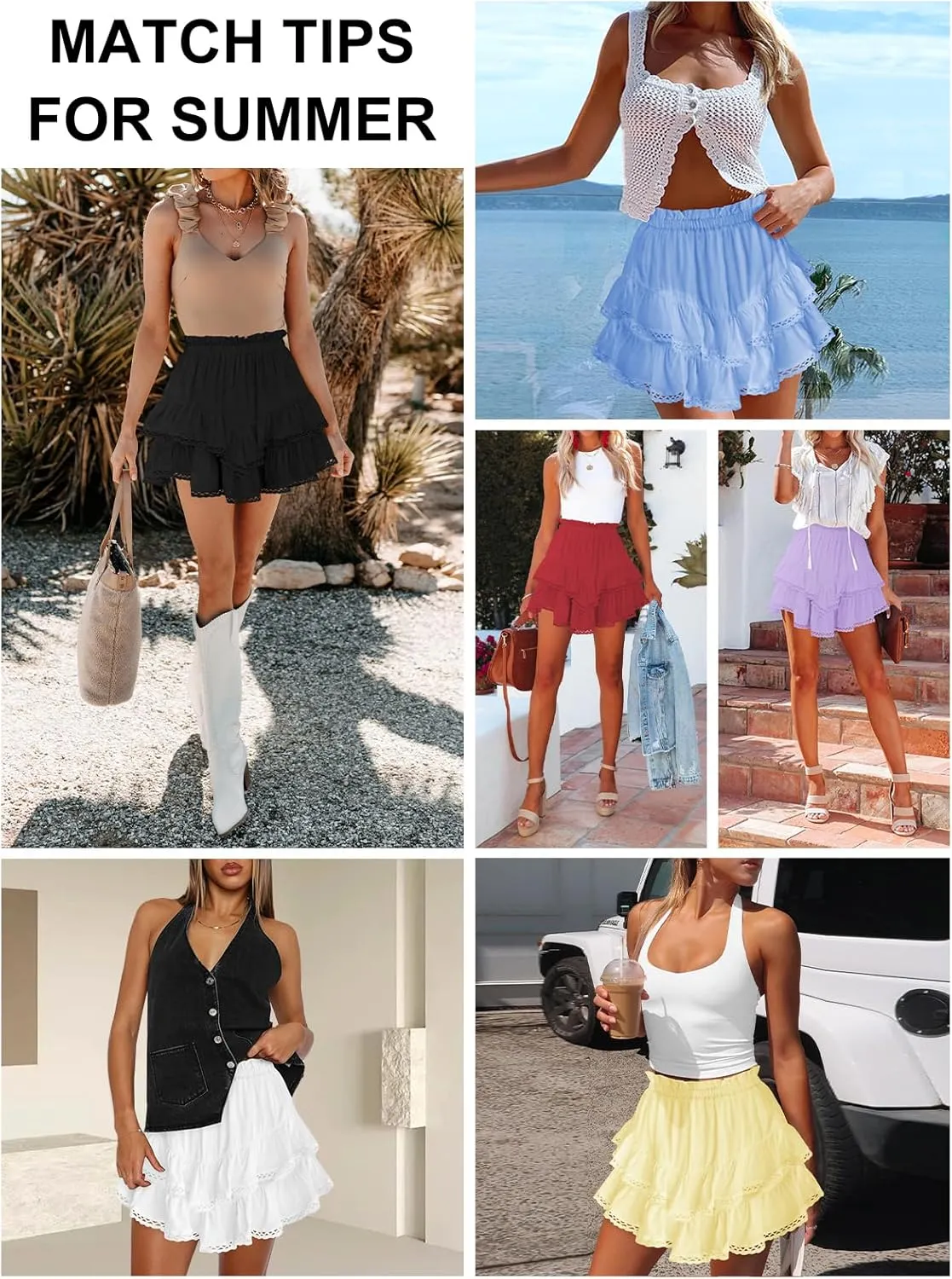 Women's High Waist Ruffle Mini Skirt Lace Trim Flowy Boho Skorts for Women Flared Tiered Golf Tennis Athletic Skirts