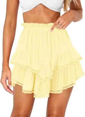 Women's High Waist Ruffle Mini Skirt Lace Trim Flowy Boho Skorts for Women Flared Tiered Golf Tennis Athletic Skirts