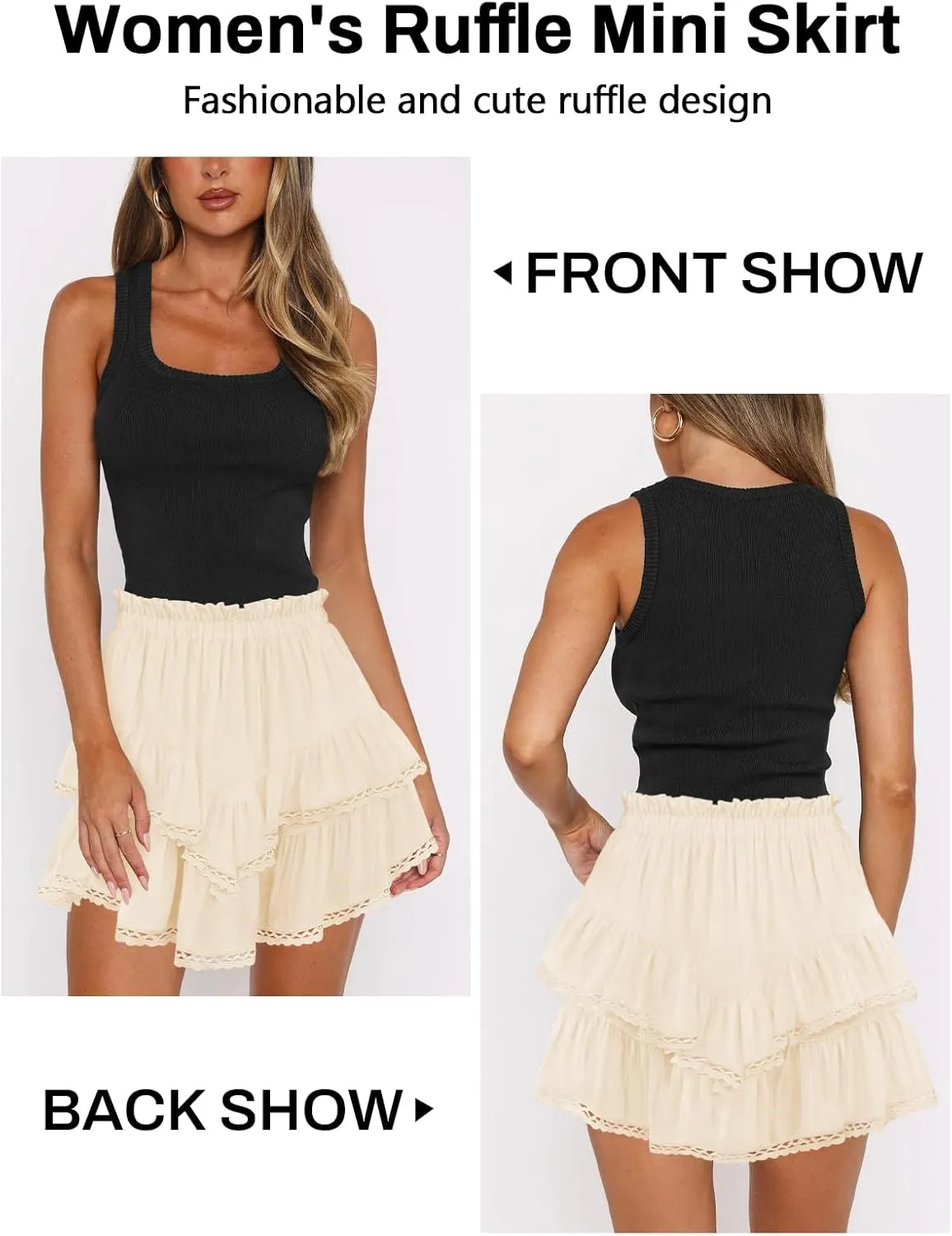 Women's High Waist Ruffle Mini Skirt Lace Trim Flowy Boho Skorts for Women Flared Tiered Golf Tennis Athletic Skirts
