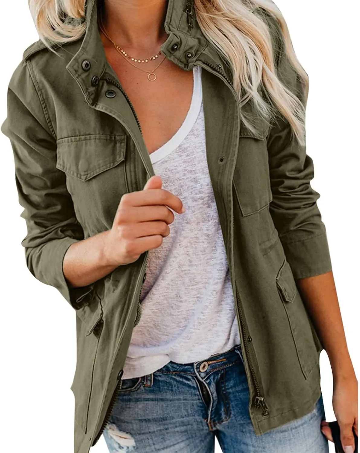 Women's Jacket Utility Lightweight Military Zip Up Hooded Coat Casual Drawstring Long Sleeve Outwear with Pockets