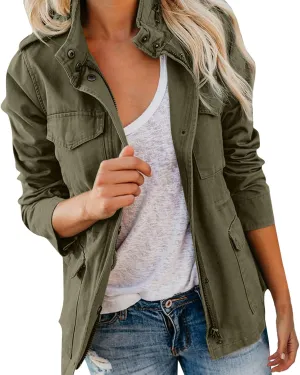 Women's Jacket Utility Lightweight Military Zip Up Hooded Coat Casual Drawstring Long Sleeve Outwear with Pockets
