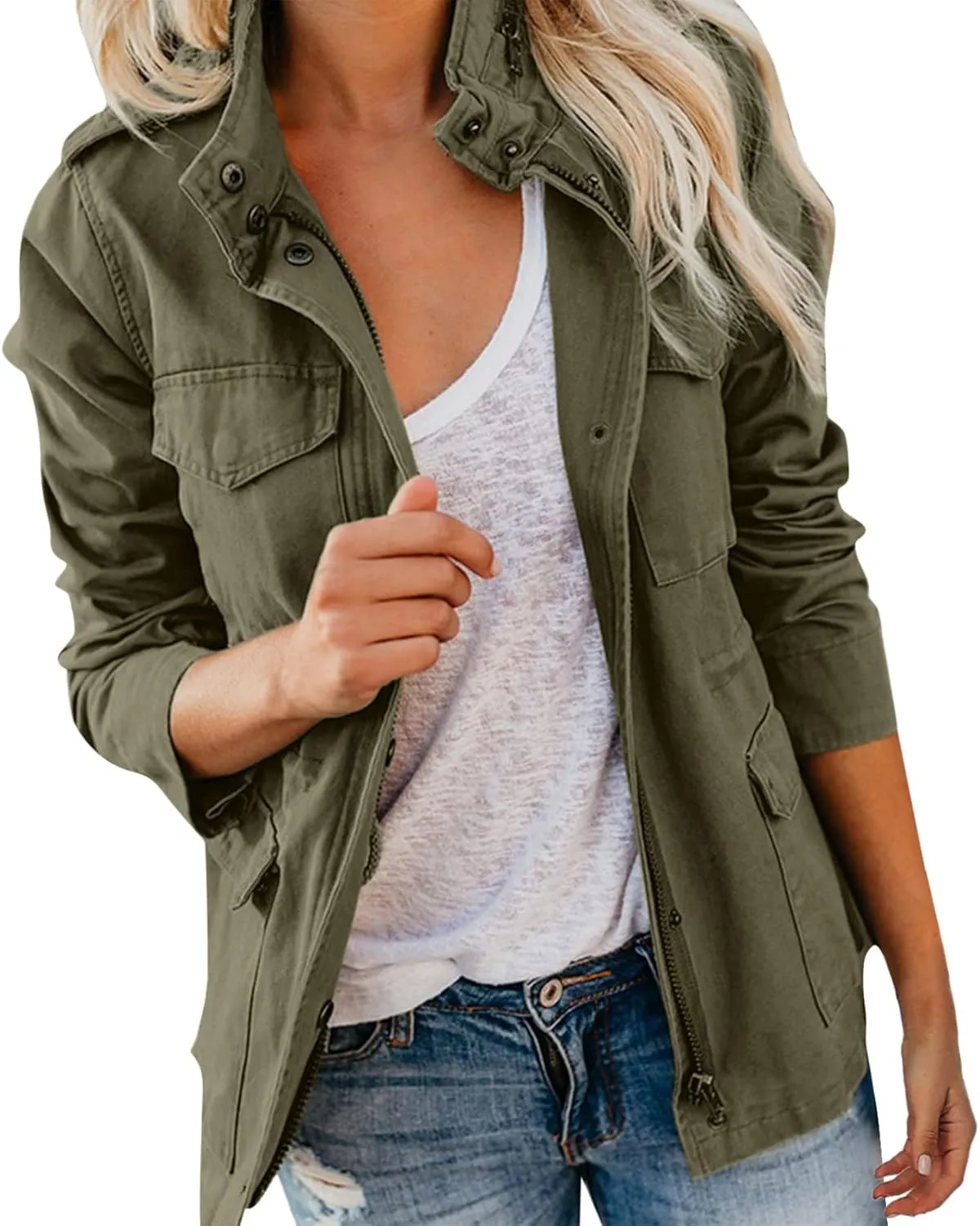 Women's Jacket Utility Lightweight Military Zip Up Hooded Coat Casual Drawstring Long Sleeve Outwear with Pockets