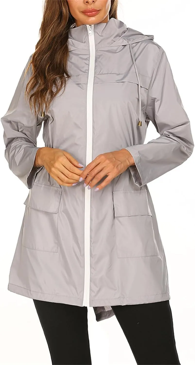 Women's Lightweight Raincoats Windbreaker Rain Jacket Waterproof Outdoor Hooded Trench Coats Travel Hiking