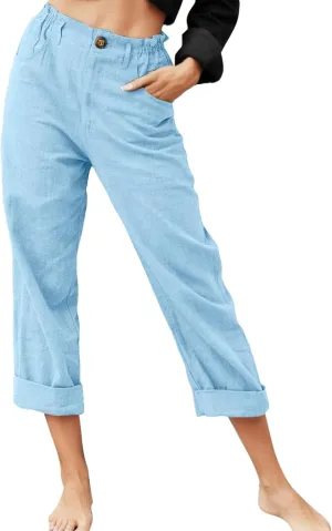 Womens Linen Pants Summer Casual Palazzo Straight Pants for Women Drawstring Botton Down Long Trousers Comfy Linen Pants, XX-Large, #C7-light Blue