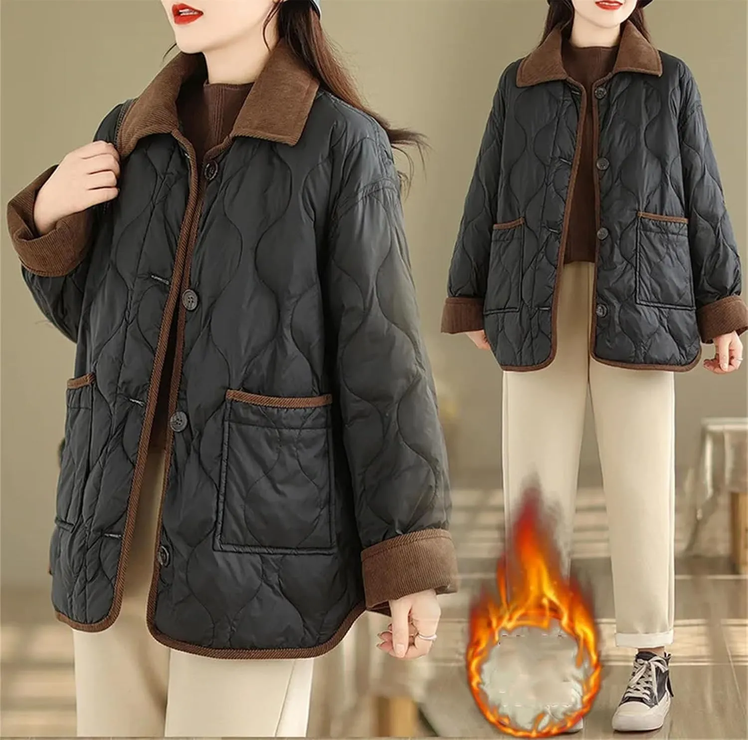 Women's Loose Casual Parkas Contrasting Lapels Light Cotton Padded Jacket Long Sleeve Button Outwear Coat