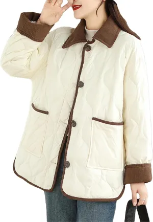 Women's Loose Casual Parkas Contrasting Lapels Light Cotton Padded Jacket Long Sleeve Button Outwear Coat