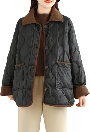 Women's Loose Casual Parkas Contrasting Lapels Light Cotton Padded Jacket Long Sleeve Button Outwear Coat
