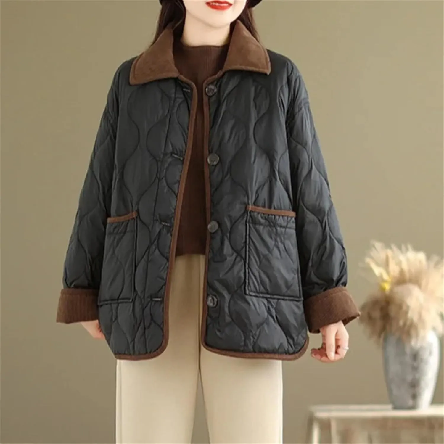 Women's Loose Casual Parkas Contrasting Lapels Light Cotton Padded Jacket Long Sleeve Button Outwear Coat